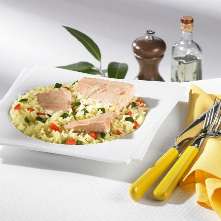 Salmón, arroz y verduras